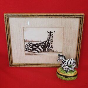 Zebra Drawing Framed Wall Hanging Decor & Zebra Trinket Box